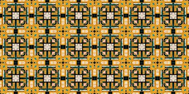 Geleneksel fayanslı, pürüzsüz sınır deseni. Kumaş efekti Meksika yaması damaske kenar kesimi. Kare şeklindeki simetrik arkaplan tekstil şeridi. Yaratıcı renkli grafik tasarım pankartı