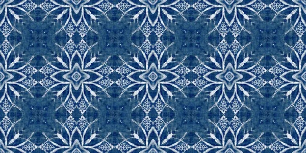 Indigo Blue Snow Flake Border Batik Frosty Batik Painterly Effect — Stockfoto