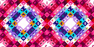Retro geometrik piksel desen. Eğlenceli kaleydoskopik pembe duvar kağıdı. Kusursuz doku arkaplanı için renkli bir klasik jeo nokta mozaiği