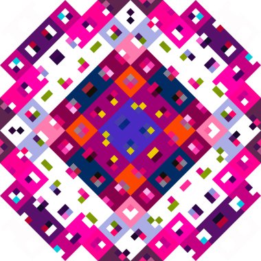 Kaleydoskopik coğrafi piksel deseni. Eğlenceli pembe duvar kâğıdı. Kusursuz doku arkaplanı için renkli bir klasik jeo nokta mozaiği