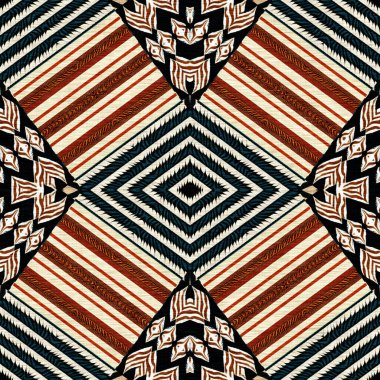 African kente cloth patchwork effect pattern. Seamless geometric quilt fabric all over background. Patched boho rug safari shirt repetitive tile swatch.