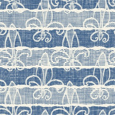 Hassas Fransız dantel efekti. Kusursuz çizgili desen. Süslü Provence tarzı dantelli kır evi dekorasyonu. Kırsal, modern, pejmürde, şık tasarım için keten kumaş duvar kağıdı.