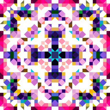Retro geometrik piksel desen. Eğlenceli kaleydoskopik pembe duvar kağıdı. Kusursuz doku arkaplanı için renkli bir klasik jeo nokta mozaiği