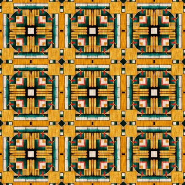 Geleneksel fayanslı, pürüzsüz mozaik iz. Kumaş efekti Meksika yamaca damask ızgara kare şekil simetrik arka plan tekstili. Yaratıcı renkli grafik tasarımı.