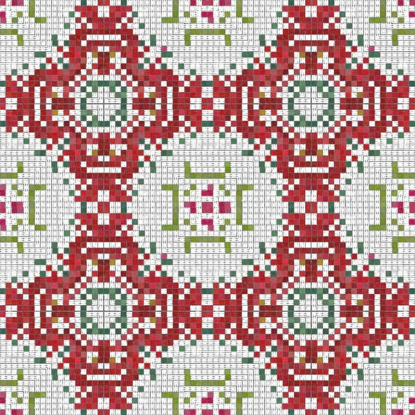 Seamless Christmas poinsettia cross stitch pattern. Decorative ornament in seasonal red for embroidered December holiday background. Winter botanical vintage scandi repeat tile