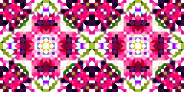 Retro geometrik piksel desen. Eğlenceli kaleydoskopik pembe duvar kağıdı. Kusursuz doku arkaplanı için renkli bir klasik jeo nokta mozaiği
