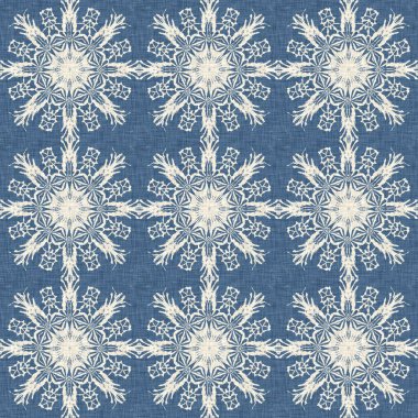 Çiftlik evi mavi kar tanesi desenli arka plan. Frosty batik damasch fransız efekti kusursuz arkaplan. Şenlikli soğuk tatil sezonu duvar kâğıdı döşemesi
