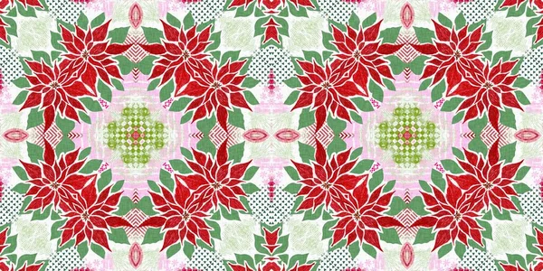 Seamless Christmas Poinsettia Retro Border Decorative Ornament Seasonal Red December — Stockfoto