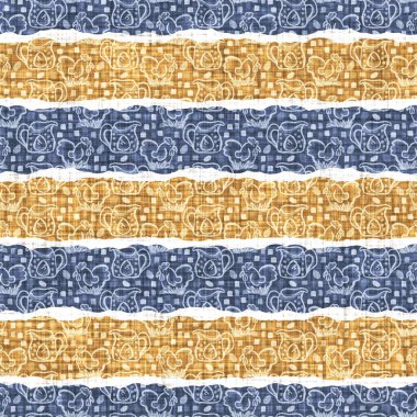 Kusursuz Fransız kırsal mutfak çizgili kumaş deseni. Mavi sarı beyaz yatay çizgili arka plan. Batik Boyası Kaynak Stili Kırsal Örgü Cottagecore Tekstili