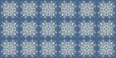 Çiftlik evi mavi kar taneleri sınır arkaplanı. Frosty Damasch Fransız Etkisi kurdelesi. Soğuk bayram bayramı washi kaseti