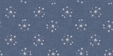 Kusursuz Noel kar taneleri örülmüş keten desenler. İki ton, mevsimlik çiftlik evi mavi don arka planı. Fransız Xmas karları için tatil tekstili