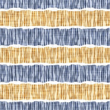 Kusursuz Fransız kırsal mutfak çizgili kumaş deseni. Mavi sarı beyaz yatay çizgili arka plan. Batik Boyası Kaynak Stili Kırsal Örgü Cottagecore Tekstili