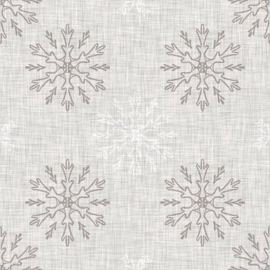 Kusursuz Noel kar taneleri örülmüş keten desenler. İki ton, mevsimlik gri çiftlik evinin donma arka planı. Fransız Xmas karları için tatil tekstili.