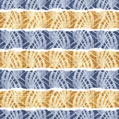 Kusursuz Fransız kırsal mutfak çizgili kumaş deseni. Mavi sarı beyaz yatay çizgili arka plan. Batik Boyası Kaynak Stili Kırsal Örgü Cottagecore Tekstili