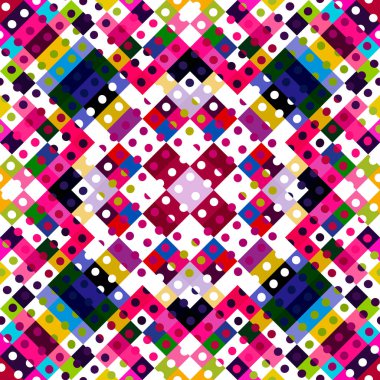 Garip geometrik piksel desen. Eğlenceli kaleydoskopik pembe duvar kağıdı. Kusursuz doku arkaplanı için renkli bir klasik jeo nokta mozaiği