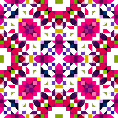 Retro geometrik piksel desen. Eğlenceli kaleydoskopik pembe duvar kağıdı. Kusursuz doku arkaplanı için renkli bir klasik jeo nokta mozaiği