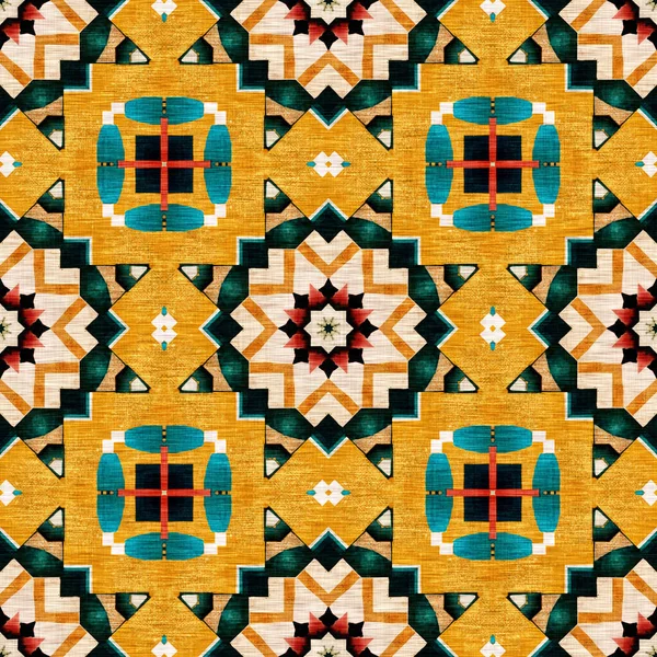 Traditional Tile Mosaic Seamless Pattern Print Fabric Effect Mexican Patchwork — Φωτογραφία Αρχείου