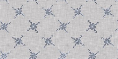 Kusursuz Noel kar taneleri örülmüş keten desenler. İki ton, mevsimlik çiftlik evi mavi don arka planı. Fransız Xmas karları için tatil tekstili
