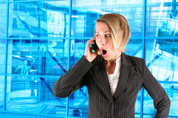 Female caller on a blue background — Stock Photo, Image