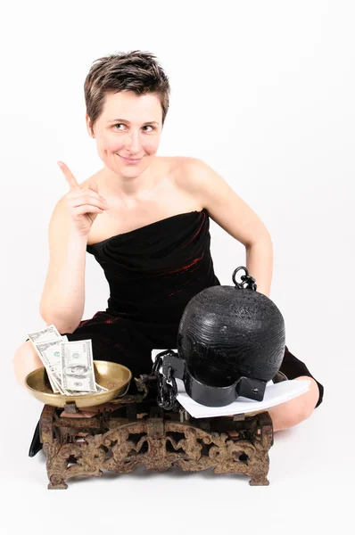 Woman with scales, money and prison ball — Stock Photo, Image