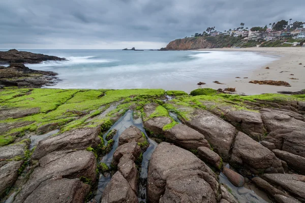 Rochers de plage fissurés recouverts de mousse — Photo