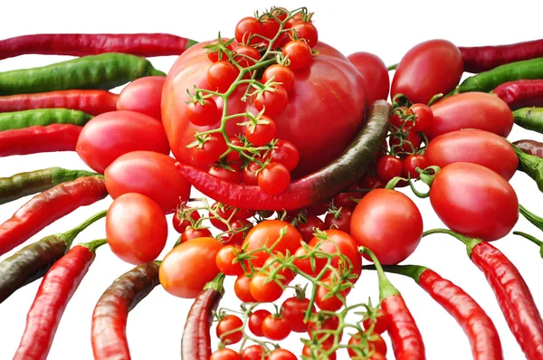 Tomates et piments rouges, isolés sur fond blanc — Photo