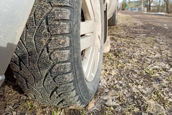 Auto Kwam Vast Zitten Een Zandweg Modder Wiel Van Een — Stockfoto