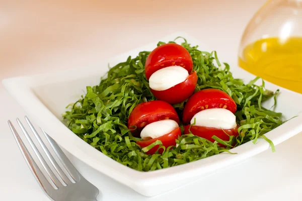 Tomat, gröna slad, olja och italienska mozzarella — Stockfoto