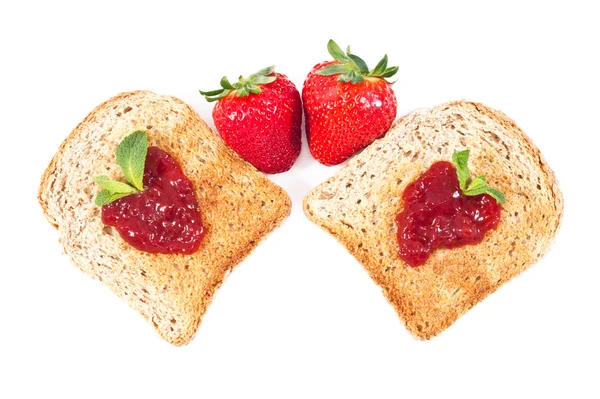 Sweet strawberries jam on toast close up — Stock Photo, Image