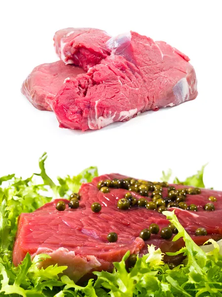 Carnes cruas com salada e pimenta e sozinho — Fotografia de Stock