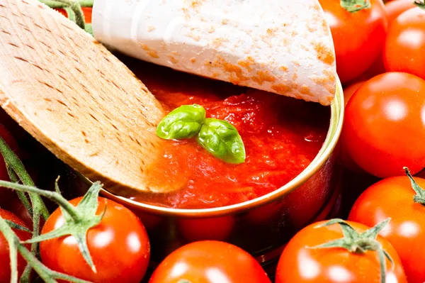 Cuillère en bois avec salsa de tomate et une feuille de basilic — Photo