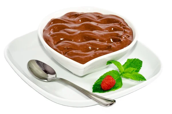 Schokolade Dessert mit Himbeere und grünem Blatt — Stockfoto