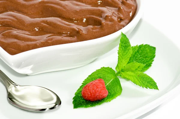 Dessert al cioccolato con lampone e foglia verde — Foto Stock