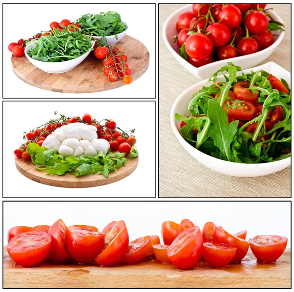 Kase taze, mozzarella ve doğal roka ve kiraz domates — Stok fotoğraf
