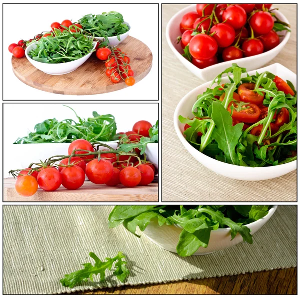 Bol de tomates vertes fraîches, roquette naturelle et cerise — Photo