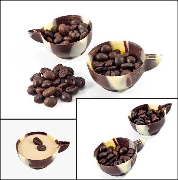 Kaffebönor i en chokladkopp — Stockfoto