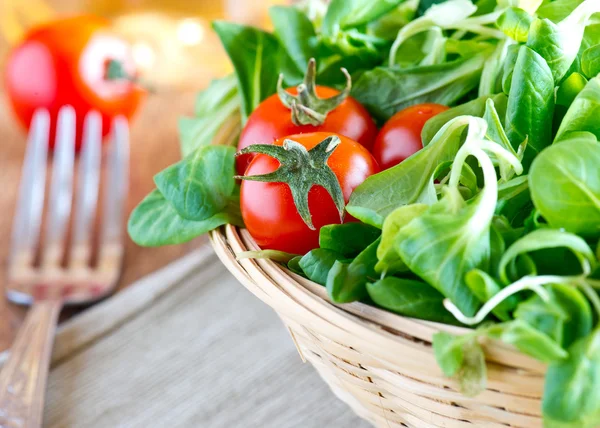 Bir sepet dolusu taze yeşil salata domates ile — Stok fotoğraf