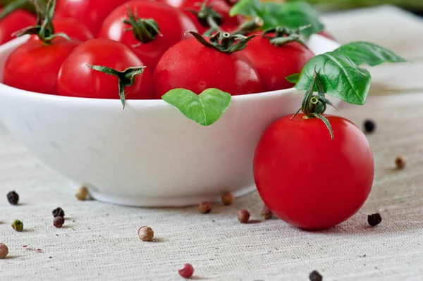 Tabla de cortar con tomates y hoja de albahaca —  Fotos de Stock