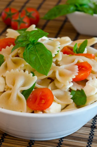 Pasta met tomaten, basilicum en Italiaanse kaas genaamd mozzarella — Stockfoto