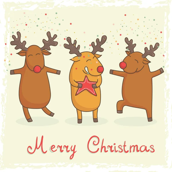 Biglietto natalizio con simpatici cervi cartoon — Vettoriale Stock