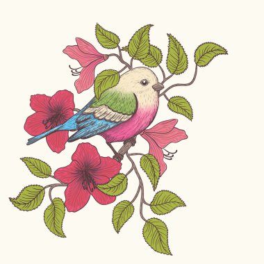 vektör çizimi renkli kuş ve çiçek açan yaz çiçek