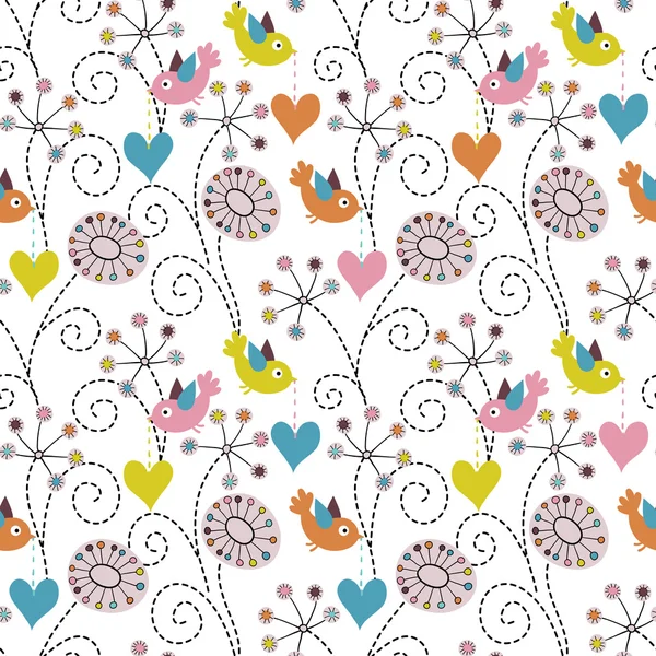 Romantiska seamless mönster. fåglar, blommor och hjärtan — Stock vektor