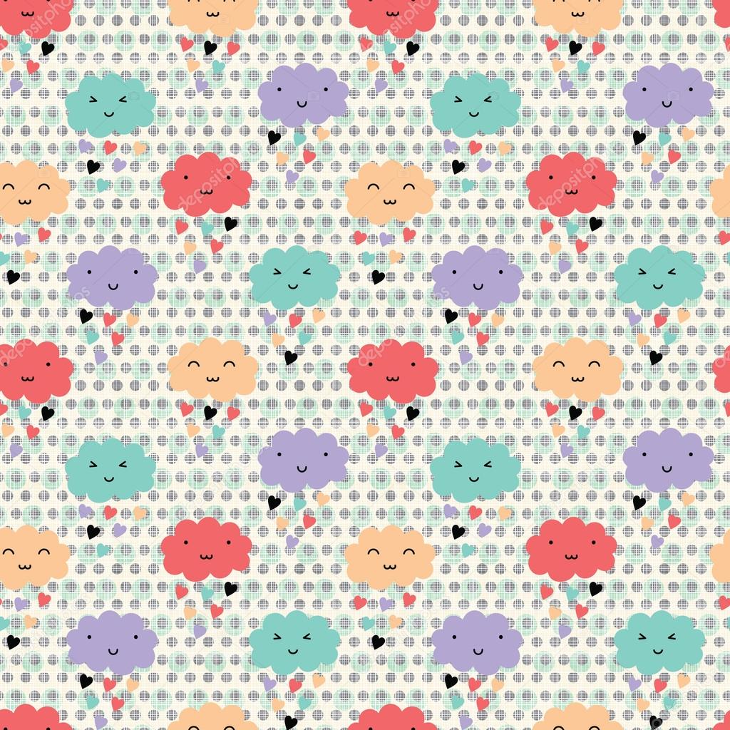Seamless pattern with hearts rain and cute smiling clouds