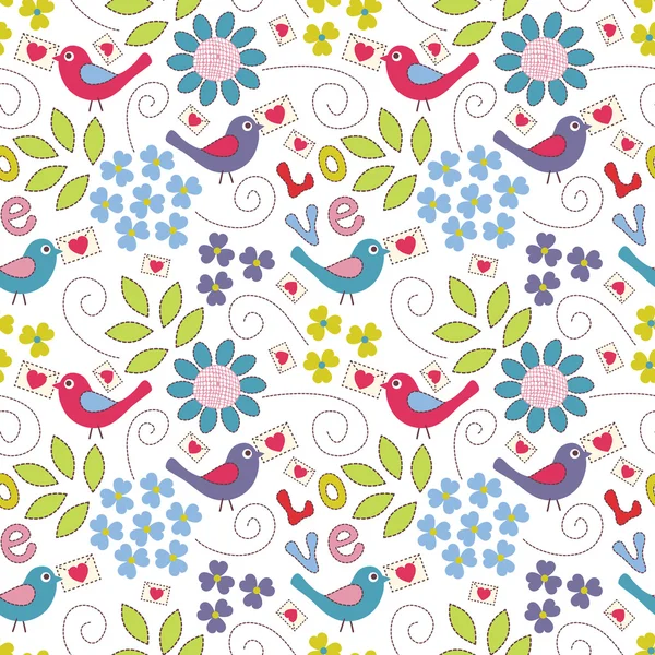 Romantic seamless pattern. Birds, flowers and hearts — Stock Vector