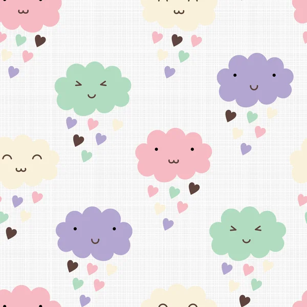 Seamless pattern with hearts rain and cute smiling clouds — Stock Vector