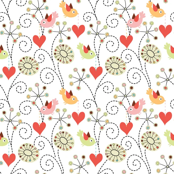 Romantische nahtlose Muster. Vögel, Blumen und Herzen — Stockvektor