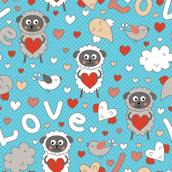 Romantic seamless pattern with funny cartoon animals — Stock Vector