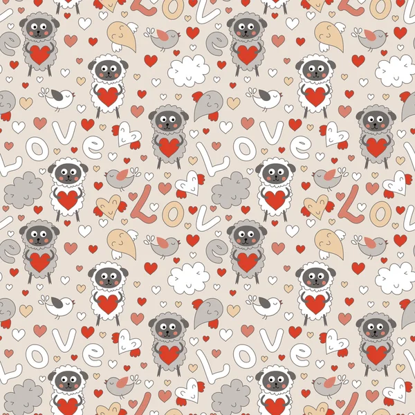 Romantic seamless pattern with funny cartoon animals — Stock Vector