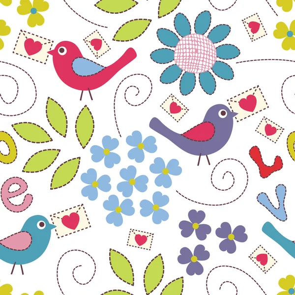 Patrón romántico sin costuras. Aves, flores y corazones — Archivo Imágenes Vectoriales