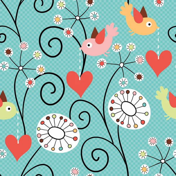 Romantic seamless pattern. Birds, flowers and hearts — Stock Vector